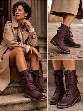 Burgundy Leather Combat Boots | Buckle Strap Lace-Up | Luxe Edge Essential| SZ 8